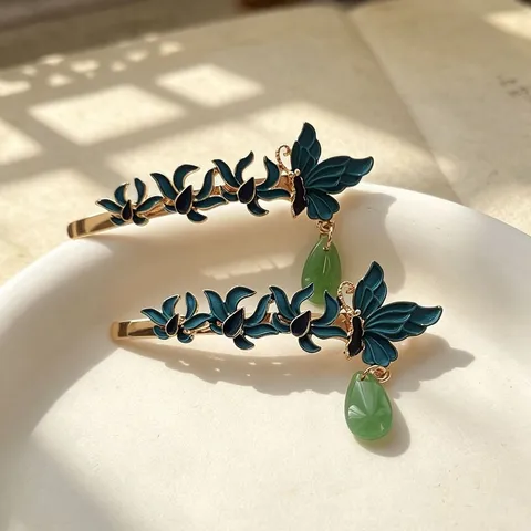Retro New Chinese Style Zinc Alloy Enamelled Orchid Butterfly Hair Clips With Artificial Pearl Green Water Drop Tassel Pendant Hairpins For Women Hanfu Apparel Accessories