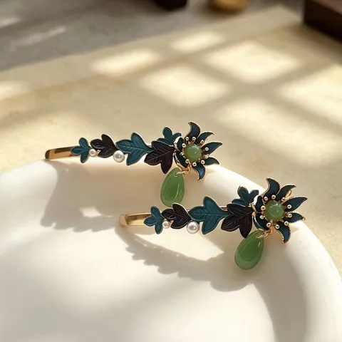 Retro New Chinese Style Zinc Alloy Enamelled Orchid Butterfly Hair Clips With Artificial Pearl Green Water Drop Tassel Pendant Hairpins For Women Hanfu Apparel Accessories