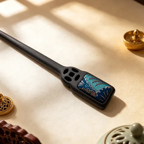Vintage Wooden Hairpin For Women Chinese Style Brocade Inlay Hollow Coin Hair Stick For Hanfu Cheongsam Accessory Elegant Hair Jewelry