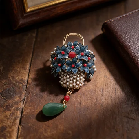 Vintage Zinc Alloy Enamelled Flower Basket Brooch With Tassel Artificial Pearl Chinese Style Cloisonne Brooch Pin For Women Qi Pao Accessories