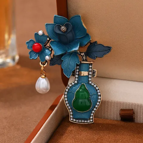 Vintage Chinese Style Alloy Brooch Enamel Tulip Vase Shape Gourd Artificial Pearl Pendant Brooch Pin For Cheongsam Hanfu Clothing Accessories