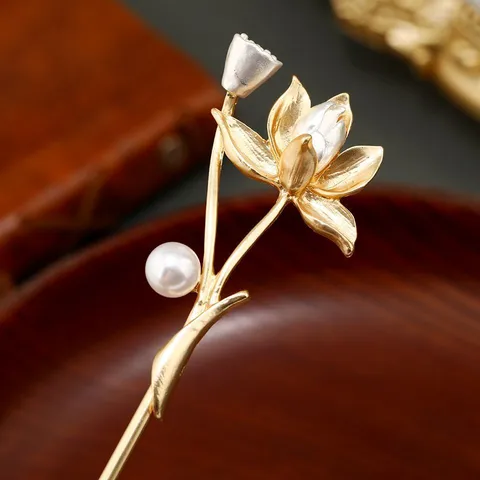 Vintage Chinese Style Lotus Hair Stick Matte Gold Silver Alloy Artificial Pearl Tassel Hair Pin For Women Hanfu Hair Accessories