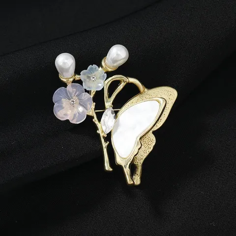 Broche Floral de Aleación de Zinc Vintage para Mujer Incrustación de Concha Strass Perla Artificial Alfiler para Suéter Abrigo Cárdigan