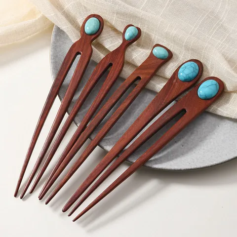 Vintage Red Sandalwood Hairpin With Imitation Turquoise U-Shaped Hair Fork For Women Retro Chinese Style Wooden Hair Stick