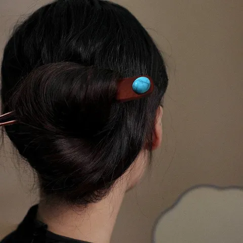 Vintage Red Sandalwood Hairpin With Imitation Turquoise U-Shaped Hair Fork For Women Retro Chinese Style Wooden Hair Stick