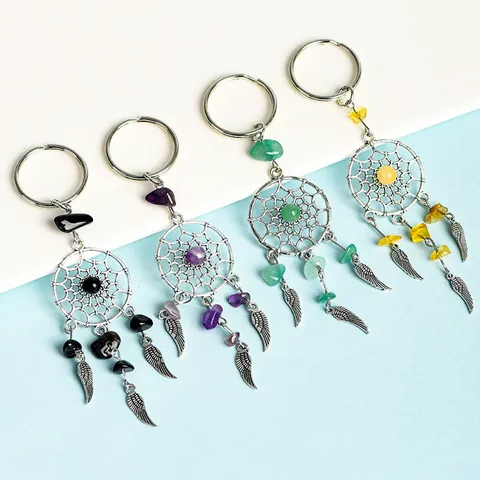 Llavero Atrapasueños de Cuarzo Cristal Natural Piedras de Curación Pluma Anillo de Metal Bohemio Bolsa de Coche Ornamento Colgante Accesorios Regalo