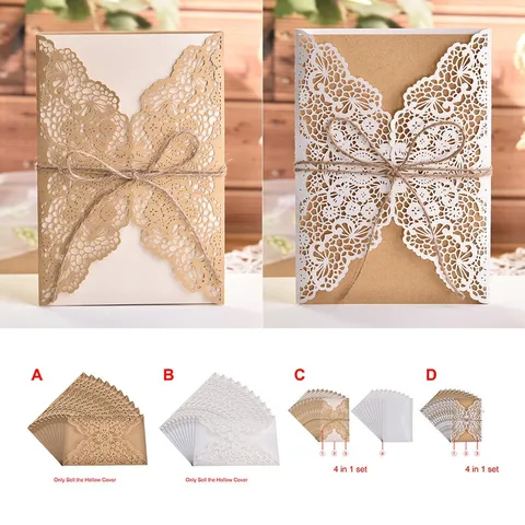 Elegant Laser Cut Hollow Wedding Invitation Cards Cardstock Lace Floral Butterfly Greeting Card Kit For Anniversary Engagement Party