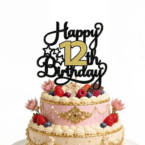 Décoration de Gâteau Joyeux Anniversaire Paillettes Or Noir Double Couche Chiffres Étoiles Accessoires de Fête