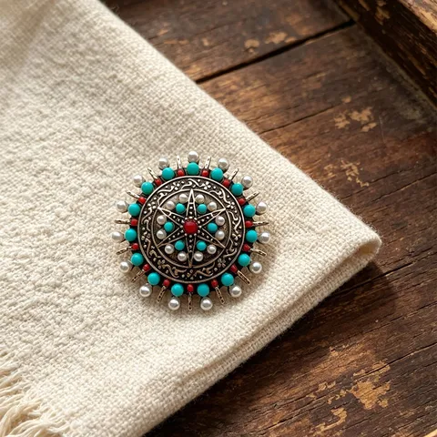 Broche Soleil Style Ethnique Tibétain Vintage Alliage Vieilli Turquoise Étoile Épingle Pour Femme Accessoire Vêtement Traditionnel