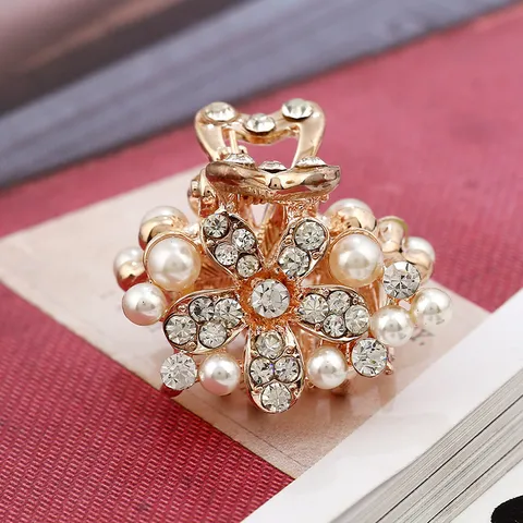 Vintage Alloy Flower Leaf Mini Hair Claw Clips With Artificial Pearl Rhinestone Korean Fashion Small Hair Clips For Women