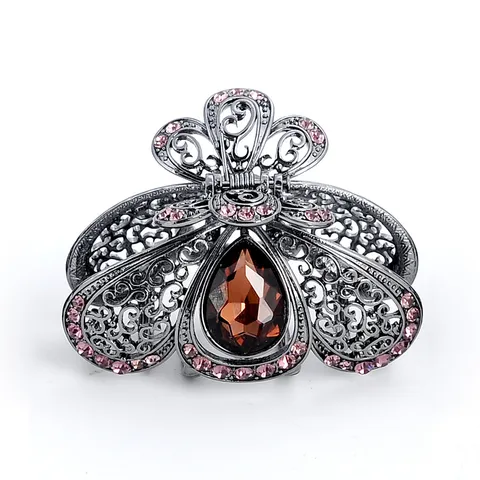Pince à Cheveux Vintage en Alliage Noir Fusil Creuse avec Strass Forme de Goutte d'Eau Éventail Accessoires Cheveux Femme