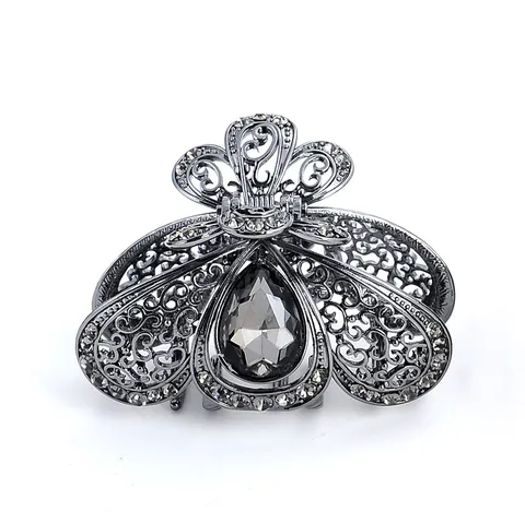 Pince à Cheveux Vintage en Alliage Noir Fusil Creuse avec Strass Forme de Goutte d'Eau Éventail Accessoires Cheveux Femme