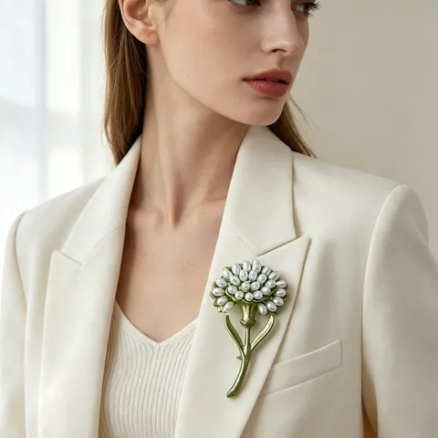 Elegant Green Enamel Dandelion Flower Brooch With Artificial Pearl Zinc Alloy Plant Pin For Women Suit Coat Jewelry Gift