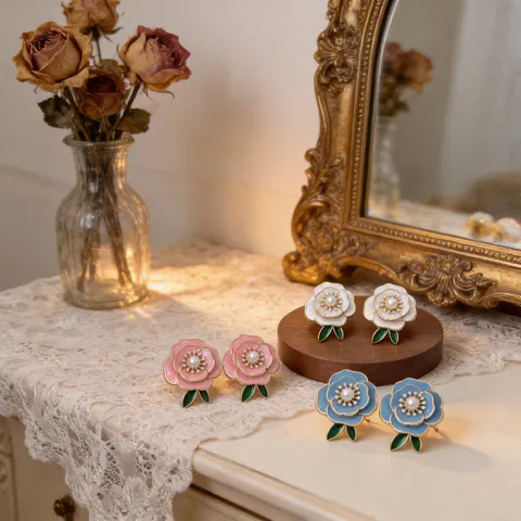 French Retro Camellia Flower Stud Earrings Zinc Alloy Artificial Pearl Rhinestone Enamel Leaf Earrings 925 Sterling Silver Post