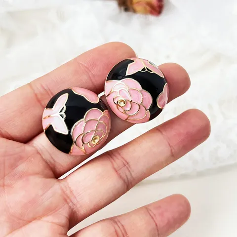 Vintage Zinc Alloy Flower Stud Earrings With 925 Sterling Silver Earring Post French Enamel Glazed Rhinestone Round Jewelry For Women