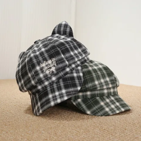 Gorra Baker Boy De Cuadros Para Mujer Con Orejas De Gato Lazo Bordado Otoño Invierno Sombrero Plano De Moda Con Visera Para Uso Diario