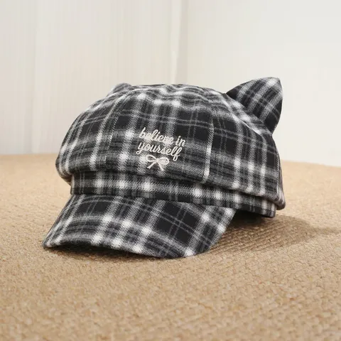 Gorra Baker Boy De Cuadros Para Mujer Con Orejas De Gato Lazo Bordado Otoño Invierno Sombrero Plano De Moda Con Visera Para Uso Diario