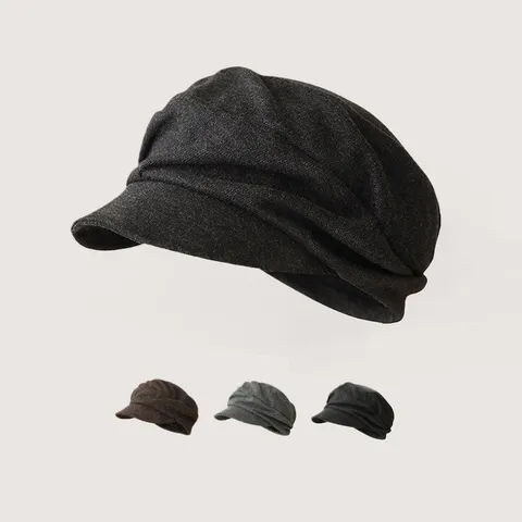 Berretto da Strillone Plicsettato Stile Vintage Giapponese per Uomo Donna Tinta Unita Corona Piatta Berretto con Visiera Invernale Regolabile