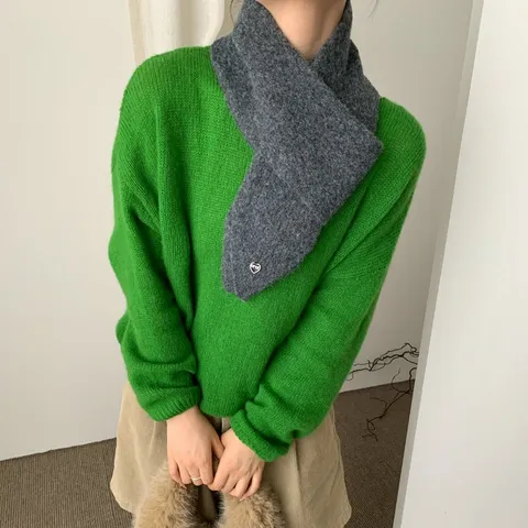 Koreanischer Stil Wollmischung Spitzschal Herbst Winter Warmer Halswärmer Mit Herz Metall Anhänger Weicher Strickschal Damen