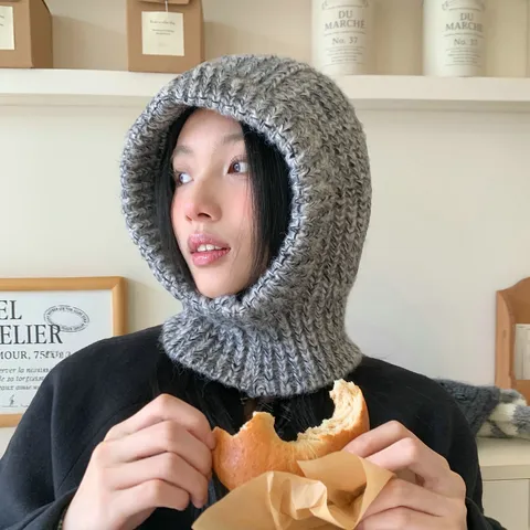 Mujeres Invierno Cálido Tejido Balaclava Gorro Bloque de Color Protección de Oídos Beanie Estilo Coreano Moda Clima Frío