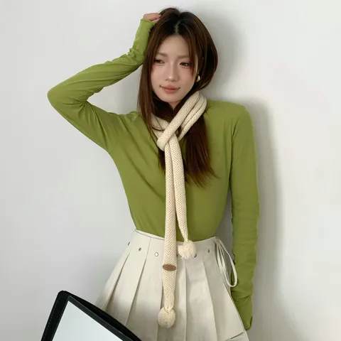 Koreanischer Gestrickter Wollmischung Schmaler Langer Baguette Schal Mit Ballanhängern Für Damen Lässiger Winter Warmer Dünner Halsschal
