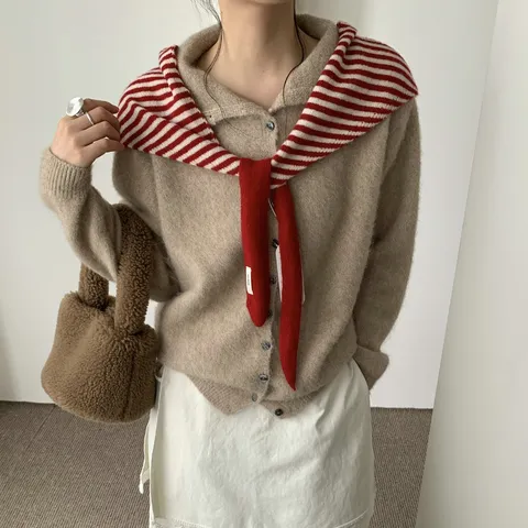 Winter Pure Wool Striped Triangular Scarf For Women Korean Style Ribbon Contrast Color Fashion Warm Daily Shawl Scarf