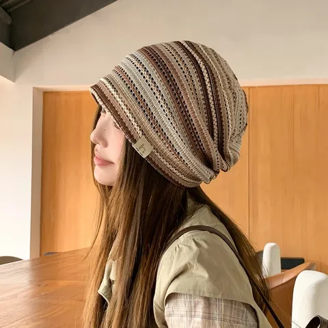 Retro Striped Knit Slouchy Beanie Hat For Women Spring Summer Fashion Casual Breathable Skull Cap Warm Daily Headwear