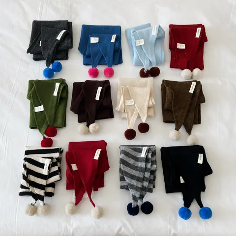 Damen Süßer Warmer Wolle Dreieckstuch Kontrastfarbe Pompon Gestrickter Schal Herbst Winter Modisch Pendeln Dickes Wickeltuch