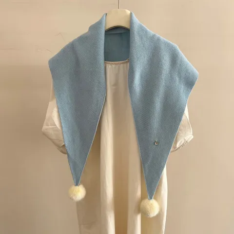 Korean Style Luxurious Pure Wool Knitted Triangle Scarf With White Rabbit Fur Pompom Trim Thick Warm Shawl Wrap For Women Everyday wear