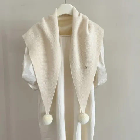 Korean Style Luxurious Pure Wool Knitted Triangle Scarf With White Rabbit Fur Pompom Trim Thick Warm Shawl Wrap For Women Everyday wear