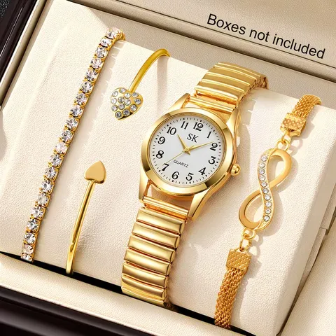 Women's Gold Quartz Watch And Rhinestone Bracelet Bangle Jewelry Combination Business Fashion Elastic Band Wristwatch No Box