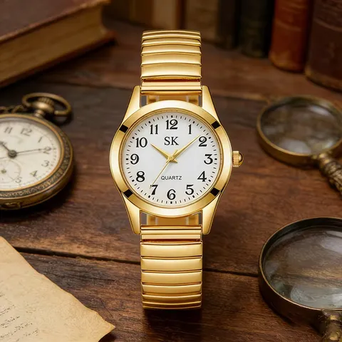 Women's Gold Quartz Watch And Rhinestone Bracelet Bangle Jewelry Combination Business Fashion Elastic Band Wristwatch No Box