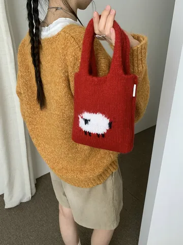 Simpatica Borsa a Mano Lavorata a Maglia con Pecora Cartoon da Donna Stile Coreano in Lana Acrilica Mini Borsa casual