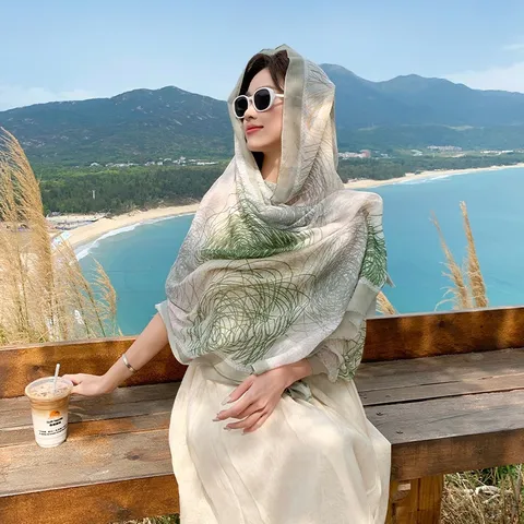 Ethno Bedruckt Seidenähnlicher Schal Damen Dünn Sonnenschutz Schal Strand Urlaub Fransenverzierung Mode Schal Schmuck