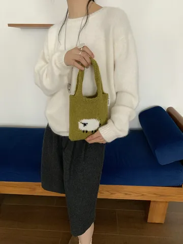 Simpatica Borsa a Mano Lavorata a Maglia con Pecora Cartoon da Donna Stile Coreano in Lana Acrilica Mini Borsa casual