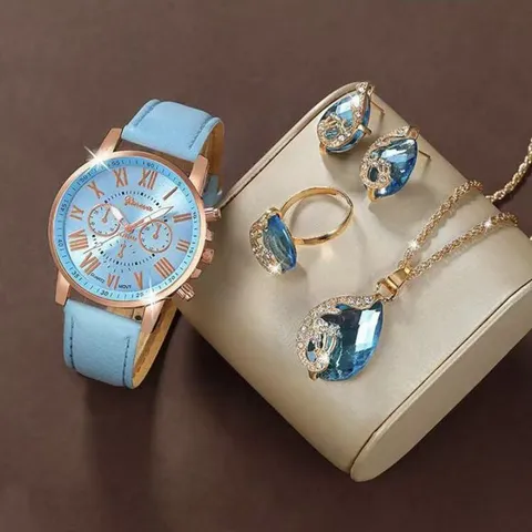 Γυναικείο Fashion Quartz Watch βραχιόλι κολιέ σκουλαρίκια δαχτυλίδι σετ κοσμημάτων Geneva Scale δερμάτινο λουράκι πολυτελές δώρο ρολογιού