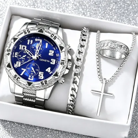 Herren Business Quarzuhr Legierung Stahlarmband Großes Zifferblatt Digital Zeiger Wasserdicht Armbanduhr Schmuck Geschenke Set