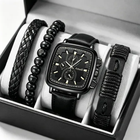Men's Quartz Watch Square Dial Leather Strap Business Casual Wristwatch With Bracelets Set