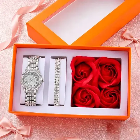Luxus Strass Quarzuhr Damen Römische Zifferblatt Legierung Armbanduhr Elegantes Armband Und Rosen Geschenkbox Set