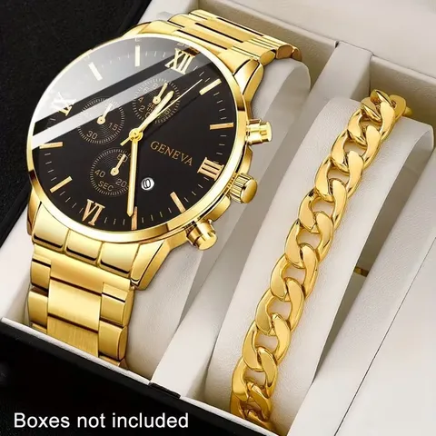 Men Quartz Watch And Bracelet Set Business Casual Alloy Wristwatch With Chain Bracelet For Men Jewelry Gift