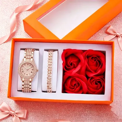 Luxus Strass Quarzuhr Damen Römische Zifferblatt Legierung Armbanduhr Elegantes Armband Und Rosen Geschenkbox Set