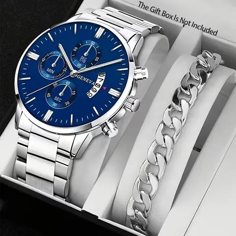 Men Quartz Watch And Bracelet Set Business Casual Alloy Wristwatch With Chain Bracelet For Men Jewelry Gift