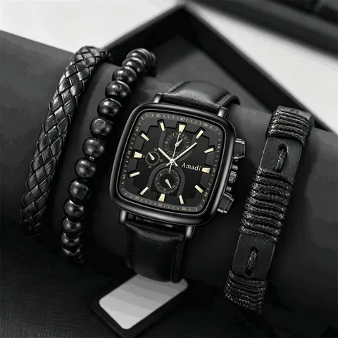 Men's Quartz Watch Square Dial Leather Strap Business Casual Wristwatch With Bracelets Set