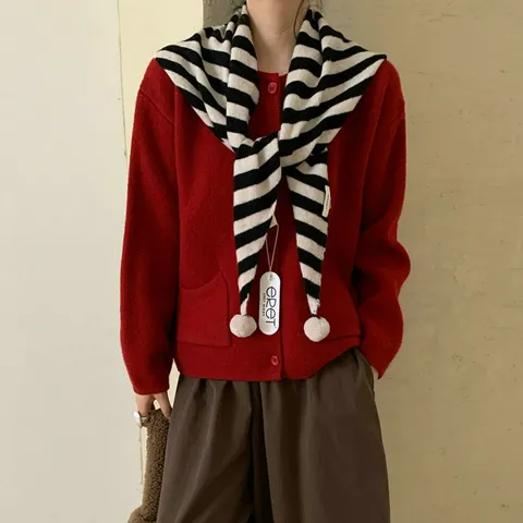 Damen Süßer Warmer Wolle Dreieckstuch Kontrastfarbe Pompon Gestrickter Schal Herbst Winter Modisch Pendeln Dickes Wickeltuch