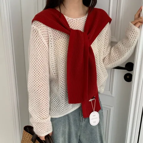 Damen Retro Gestrickter Schal Einfarbig Herbst Winter Warmer Mode Kleiner Schal Elegant Pullover Cardigan Schal Zubehör