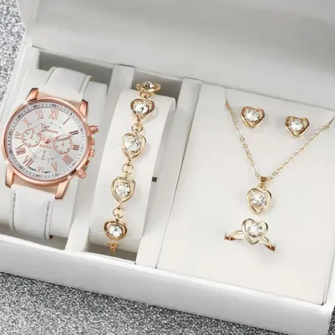 Damen Quarz Uhr Legierung Synthetisches Leder Armband Römische Ziffern Zifferblatt Mode Lässige Armbanduhr Mit Schmuckset Geschenk