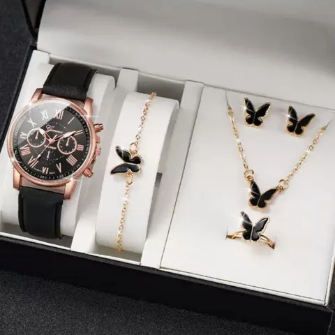 Damen Quarz Uhr Legierung Synthetisches Leder Armband Römische Ziffern Zifferblatt Mode Lässige Armbanduhr Mit Schmuckset Geschenk
