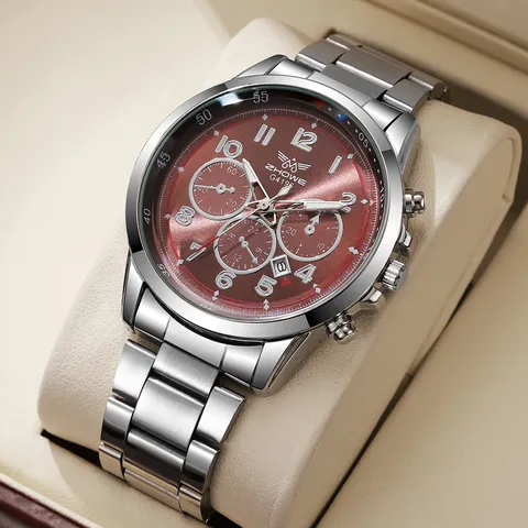 Mens Fashion Business Quartz Watch Stainless Steel Strap Multifunctional Chronograph Calendar Waterproof Wristwatch