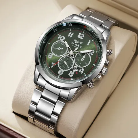 Mens Fashion Business Quartz Watch Stainless Steel Strap Multifunctional Chronograph Calendar Waterproof Wristwatch