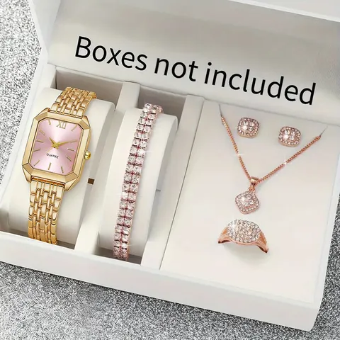 Women Quartz Watch Set Stainless Steel Alloy Rhinestone Rectangular Dial Fashion Casual Luxury Wristwatch Set